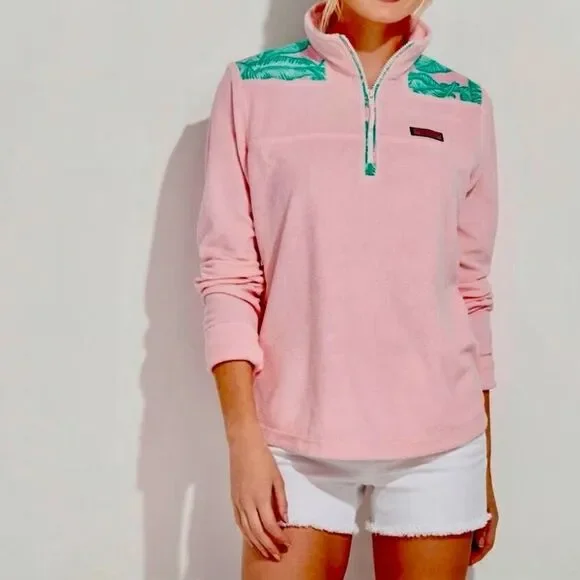 Vineyard Vines Terry Pullover Top Womens Size Small 1/4 Zip Banana Leaf Preppy - Picture 5 of 8